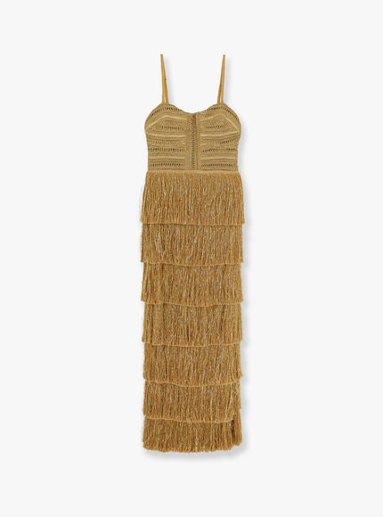 Patbo Long Dress With Embroidered Courset And Fringes Oro
