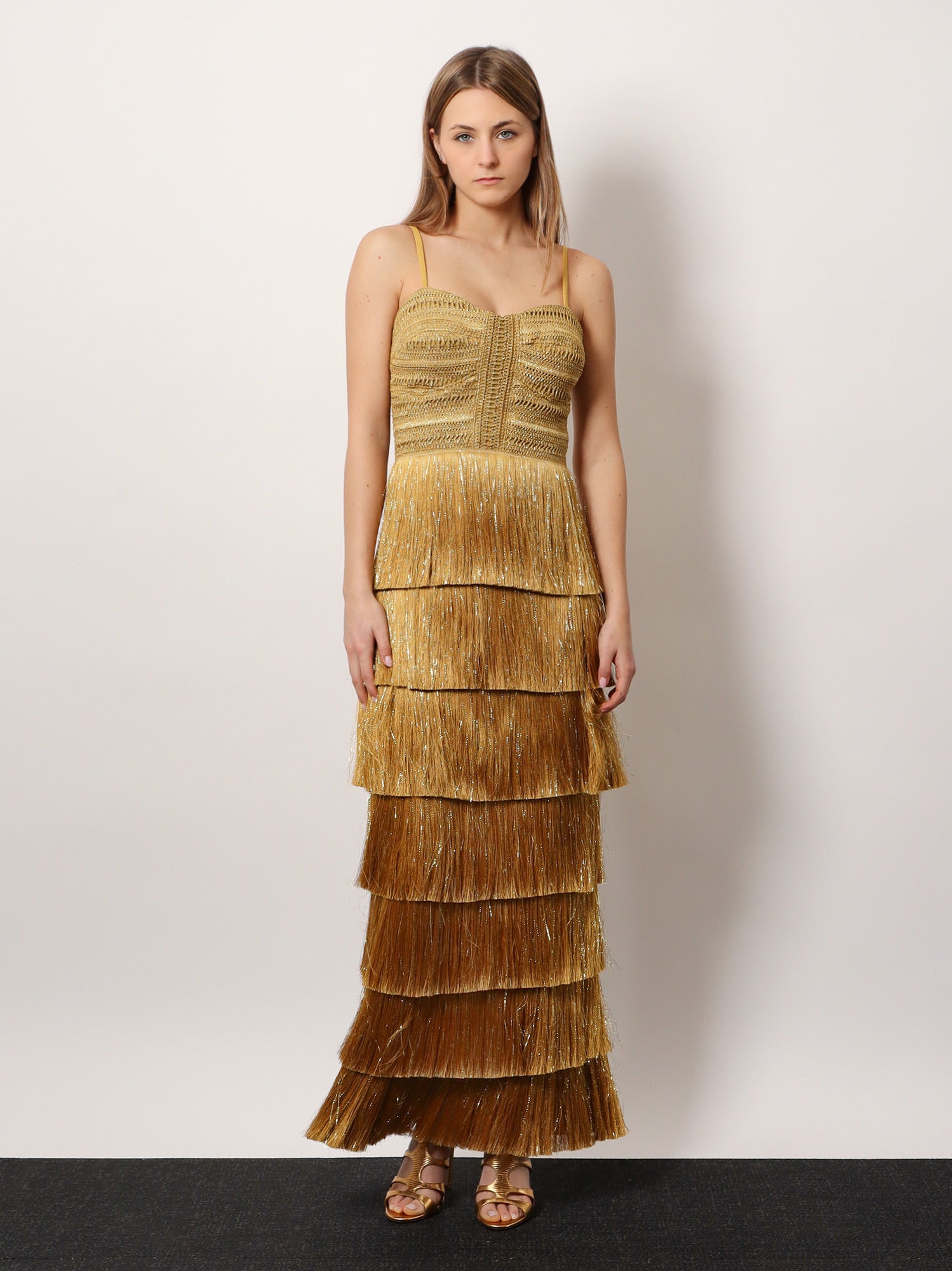 Patbo Long Dress With Embroidered Corset And Fringes - Gold Patbo Long Dress With Embroidered Corset And Fringes - Gold