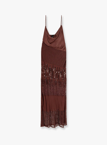 Pinko Ibis Satin And Lace Long Dress Marrone