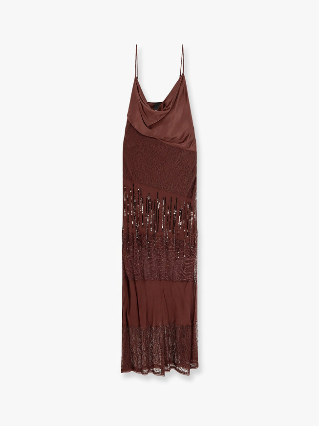 Pinko Ibis Satin And Lace Long Dress Marrone