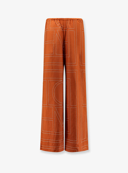 Toteme Silk Trousers With Monogram Logo Embroidery Terracotta