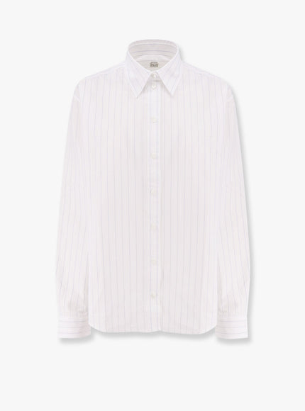 Toteme Striped Organic Cotton Shirt With Monogram Embroidered Logo Bianco