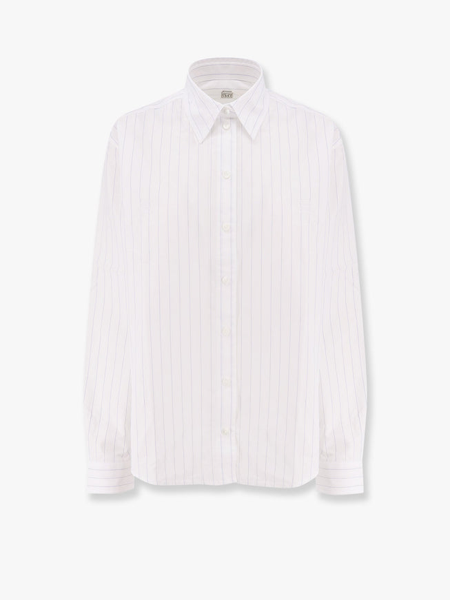 Toteme Striped Organic Cotton Shirt With Monogram Embroidered Logo Bianco