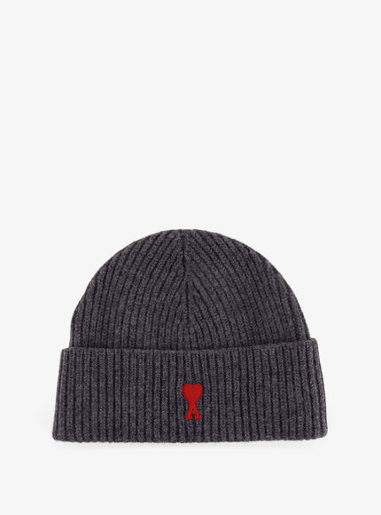 Ami Paris Virgin Wool Hat With Embroidered Logo On The Front Uni Gris Chine Rouge