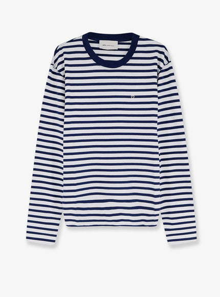 Ami Paris Cotton T-Shirt With Striped Pattern Encre Blanc