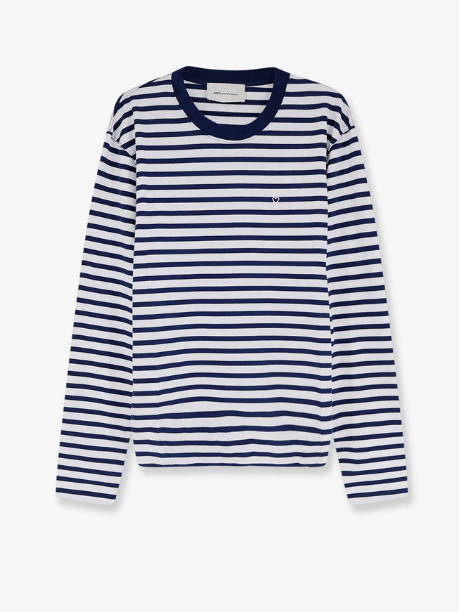Ami Paris Cotton T-Shirt With Striped Pattern Encre Blanc