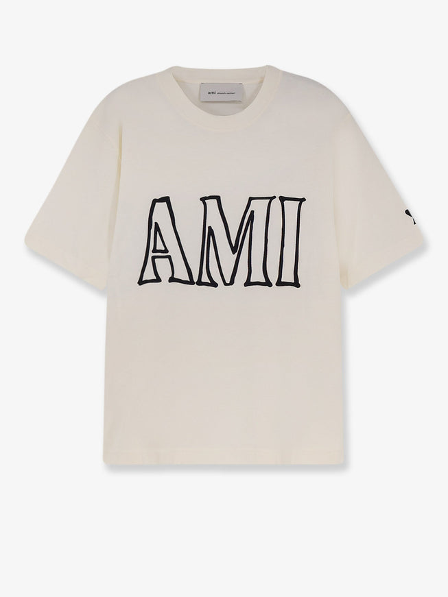 Ami Paris Cotton T-Shirt With Maxi Frontal Logo Blanc Creme