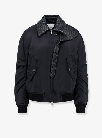 Bottega Veneta Nylon Jacket With Intrecciato Leather Collar 40 Doubleblack