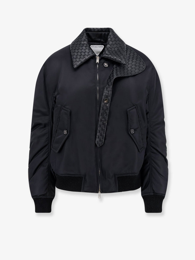 Bottega Veneta Nylon Jacket With Intrecciato Leather Collar 40 Doubleblack