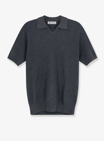 Brunello Cucinelli Cotton Polo Shirt With Ribbed Knit Piombosabbia
