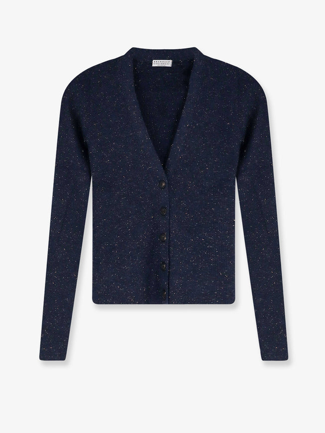 Brunello Cucinelli Cashmere And Viscose Blend Cardigan With Lurex Motif Blufreddo