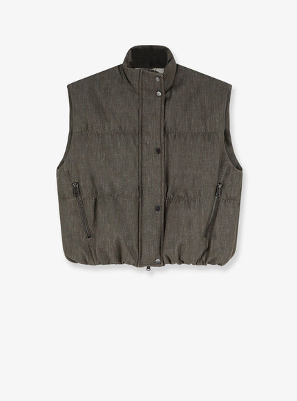 Brunello Cucinelli Sleeveless Effect Twill-Denim Down Jacket Olivegreen