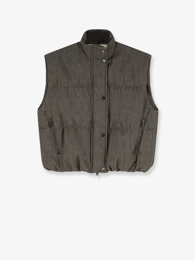 Brunello Cucinelli Sleeveless Effect Twill-Denim Down Jacket Olivegreen