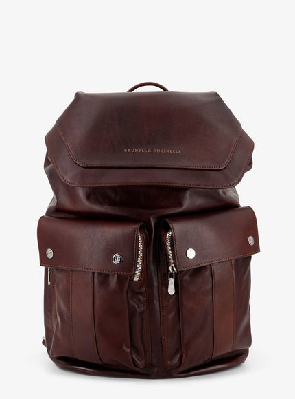 Brunello Cucinelli Leather Backpack With Front Lettering Logo Uni Burgundy