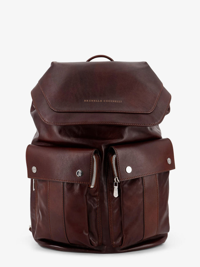 Brunello Cucinelli Leather Backpack With Front Lettering Logo Uni Burgundy