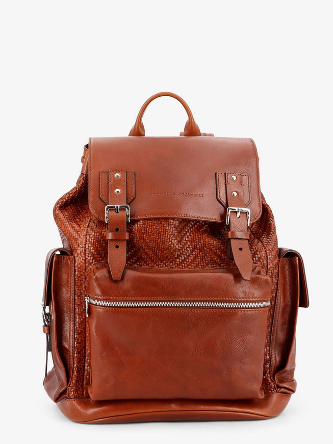 Brunello Cucinelli City Leather Backpack With Engraved Lettering Logo Uni Brandy