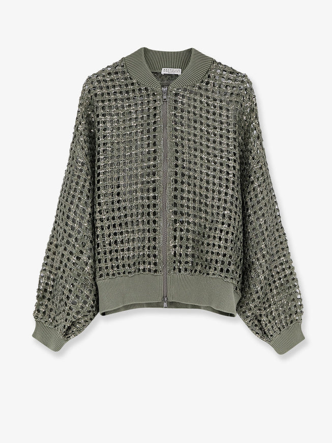Brunello Cucinelli Dazzling Net Embroidery Silk And Linen Cardigan Eucalyptus