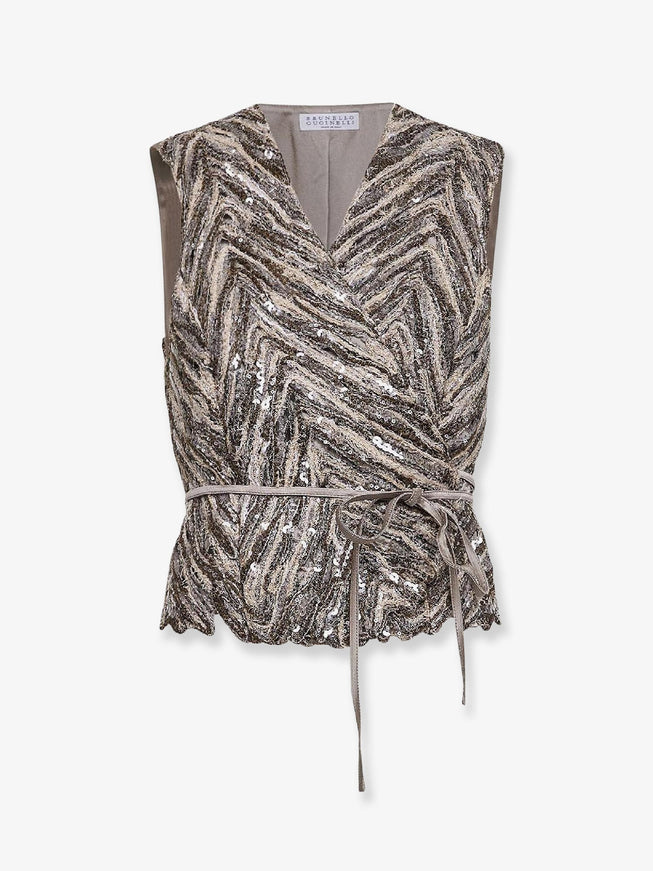 Brunello Cucinelli Vest With Sequins Embroidery Brownbeige