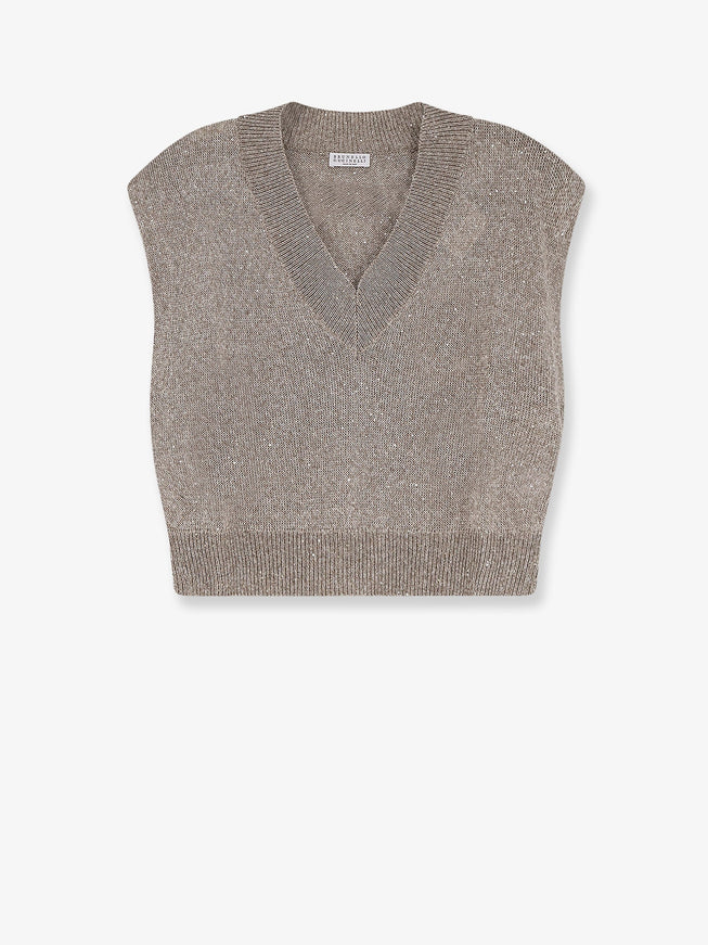 Brunello Cucinelli Sleeveless Linen Blend Sweater Fango