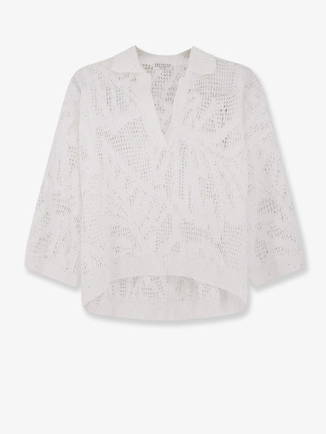 Brunello Cucinelli Linen And Cotton Sweater With All-Over Sequin Motif White