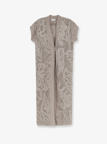 Brunello Cucinelli Linen And Cotton Blend Long Cardigan With All-Over Micro-Sequin Detail Fango