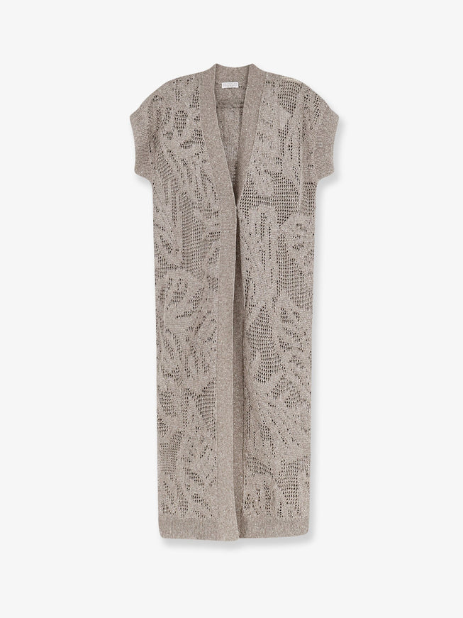Brunello Cucinelli Linen And Cotton Blend Long Cardigan With All-Over Micro-Sequin Detail Fango