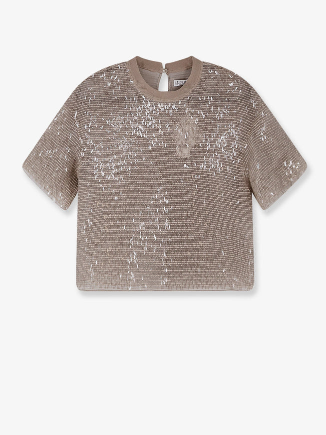 Brunello Cucinelli Silk Top With Sequins Silver Beige