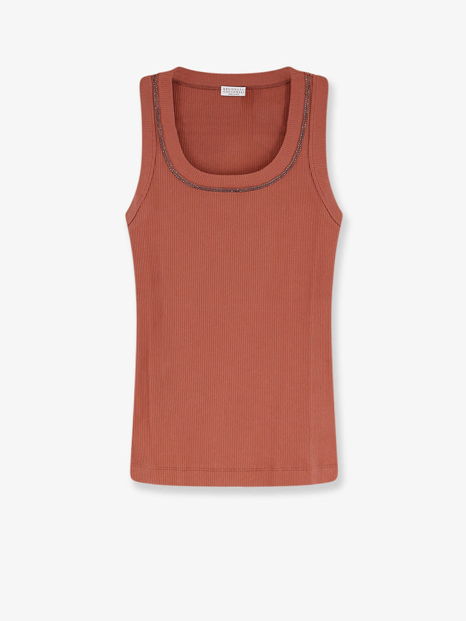 Brunello Cucinelli Cotton Tank Top With Shiny Trim Profile Orangeflame