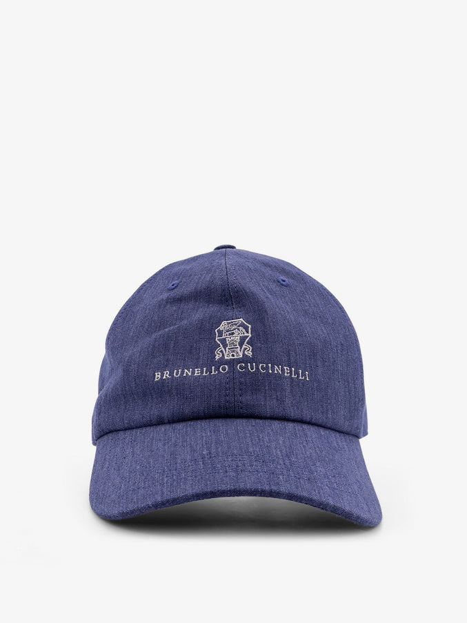 Brunello Cucinelli Denim Hat With Embroidered Logo On The Front Denim Perla