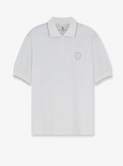Brunello Cucinelli Technical Fabric Polo Shirt With Embroidered Logo On The Front Biancoacciaio