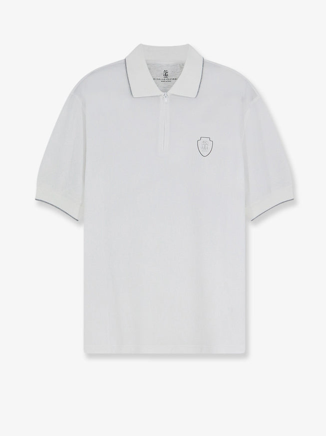 Brunello Cucinelli Technical Fabric Polo Shirt With Embroidered Logo On The Front Biancoacciaio
