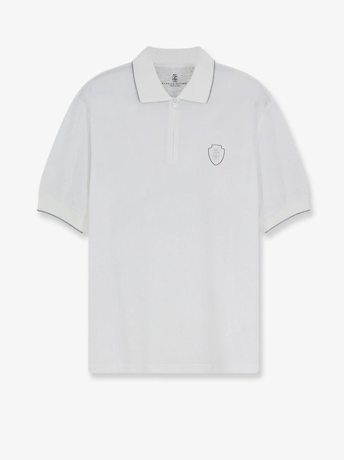 Brunello Cucinelli Technical Fabric Polo Shirt With Embroidered Logo On The Front Biancoacciaio