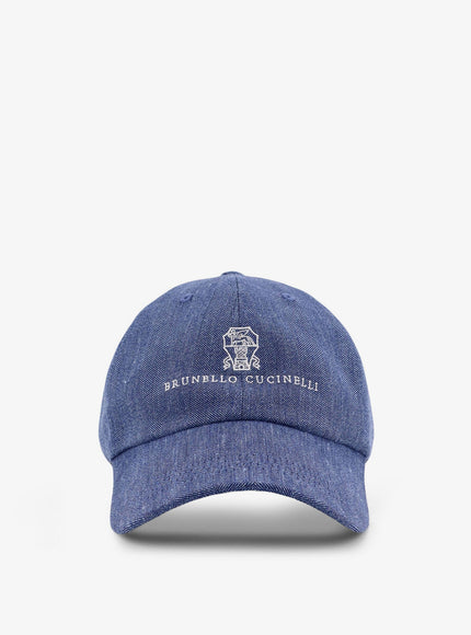 Brunello Cucinelli Linen And Virgin Wool Blend Hat With Embroidered Logo On The Front Denim Perla