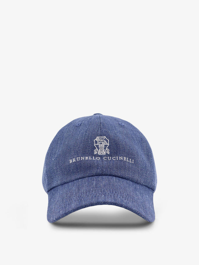 Brunello Cucinelli Linen And Virgin Wool Blend Hat With Embroidered Logo On The Front Denim Perla