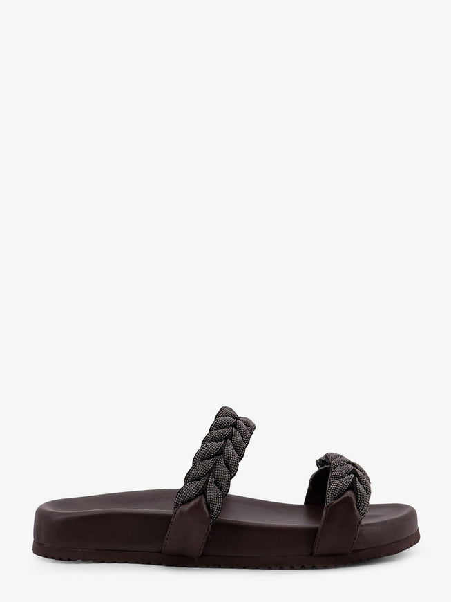 Brunello Cucinelli Leather Sandals With Woven Monili Detail Dark Brown