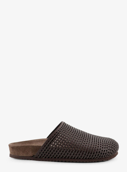 Brunello Cucinelli Leather Sandals With Precious Net Detail Dark Brown Black