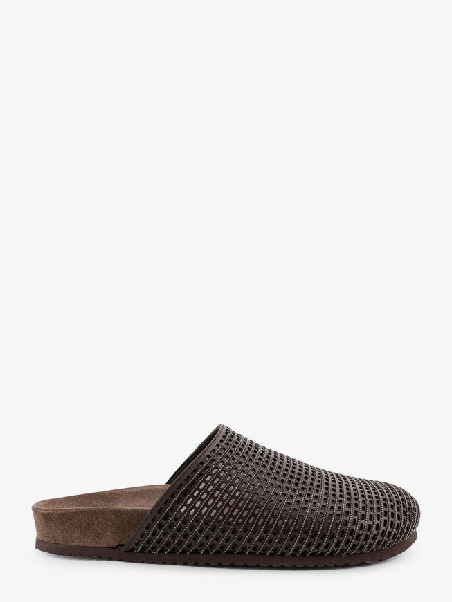 Brunello Cucinelli Leather Sandals With Precious Net Detail Dark Brown Black