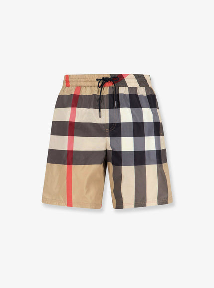 Burberry Nylon Swim Trunk With Check Print Archive Beige