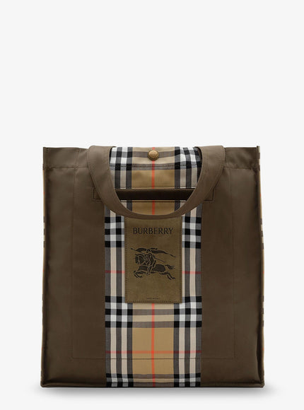 Burberry Tote Trench Check Canvas Shoulder Bag With Suede Logo Label On The Front Uni Military Sand