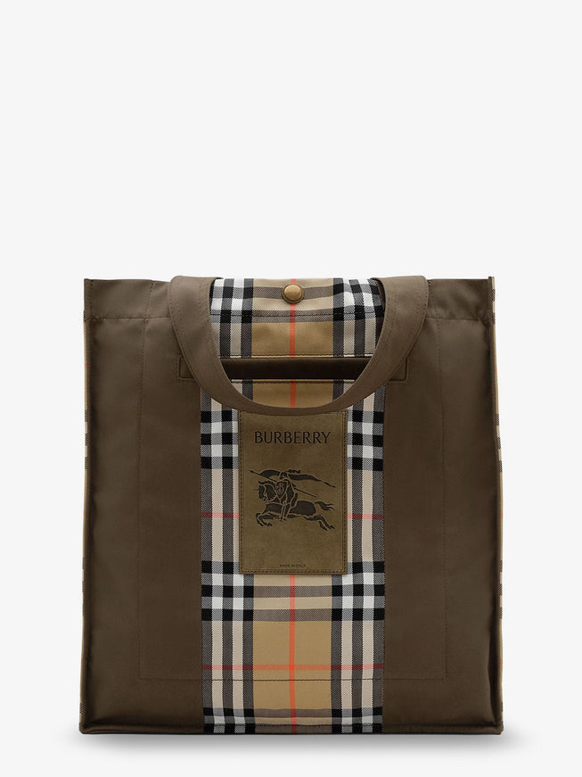 Burberry Tote Trench Check Canvas Shoulder Bag With Suede Logo Label On The Front Uni Military Sand