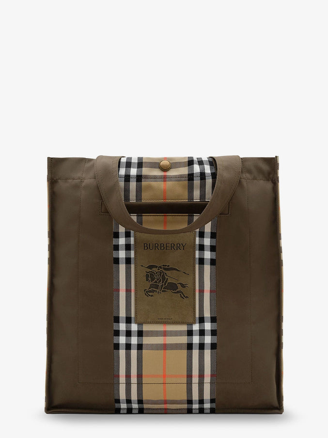 Burberry Tote Trench Check Canvas Shoulder Bag With Suede Logo Label On The Front Uni Military Sand