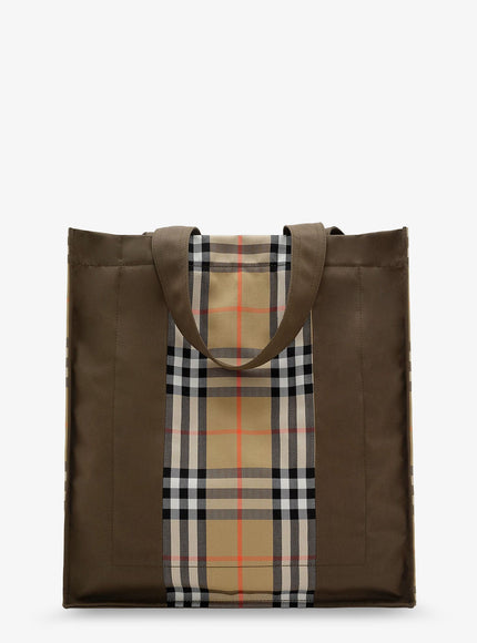 Burberry Tote Trench Check Canvas Shoulder Bag With Suede Logo Label On The Front