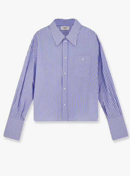 Celine Cropped Striped Cotton Shirt Craie Bleu Ciel