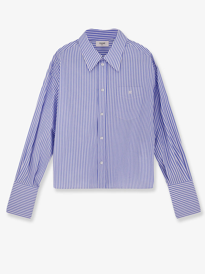 Celine Cropped Striped Cotton Shirt Craie Bleu Ciel