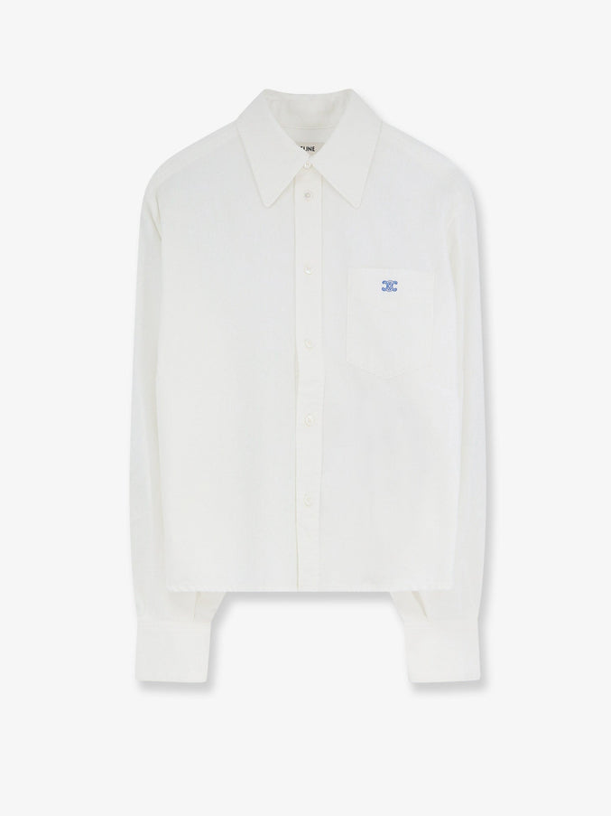 Celine Cropped Denim Shirt With Front Embroidered Logo Whitedenim