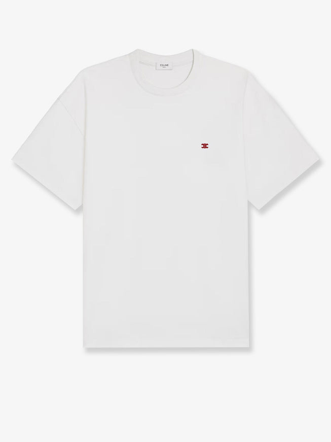 Celine Cotton T-Shirt With Logo Embroidery Offwhiterougecerise