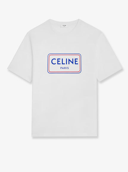 Celine Cotton T-Shirt With Logo Print Optic White Red Denim Blue