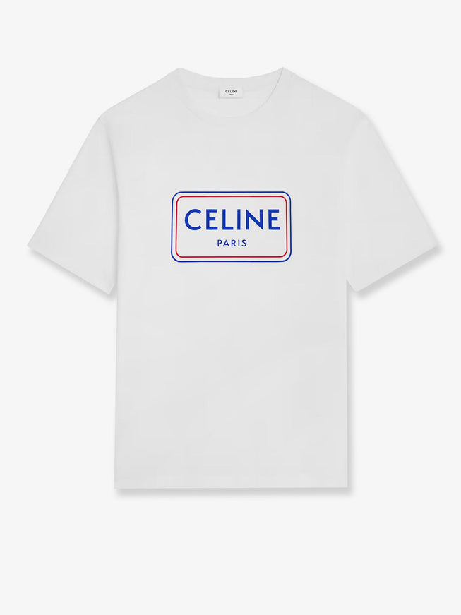 Celine Cotton T-Shirt With Logo Print Optic White Red Denim Blue