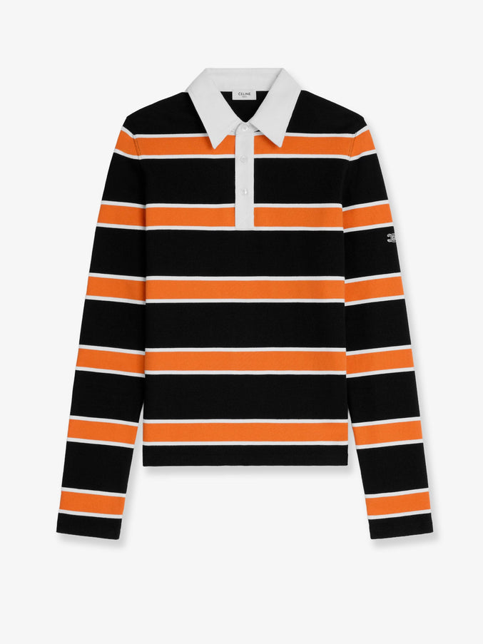 Celine Cotton Polo Shirt With Striped Pattern Black White Orange