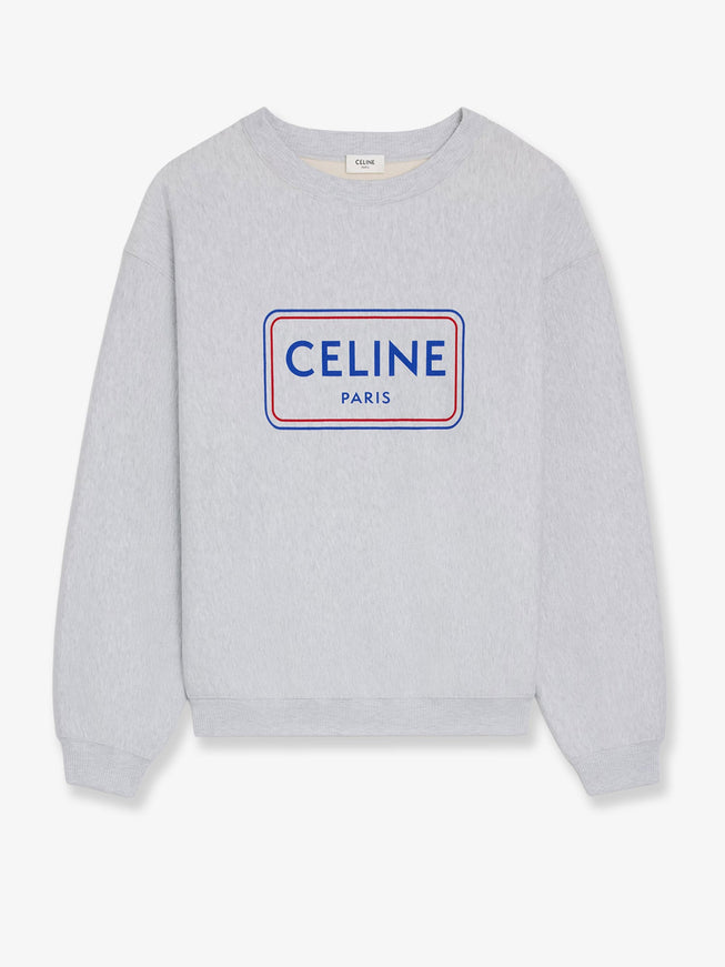 Celine Cotton Sweatshirt With Logo Print Pale Grey Red Cenim Blue